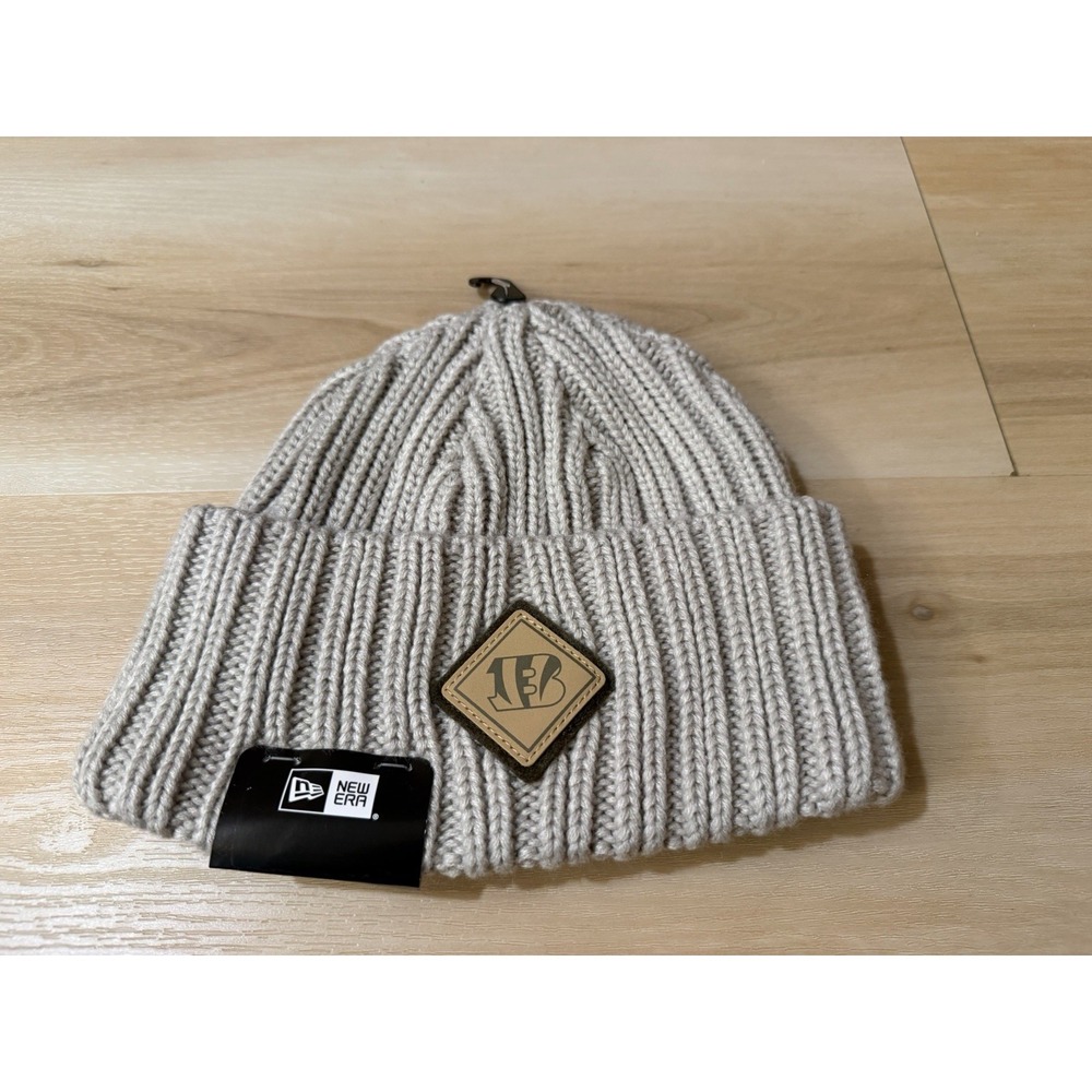 New Era Cincinnati Bengals Beanie Hat Knit Faux Leather Patch Light Beige NWT